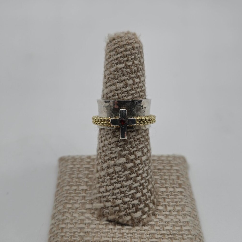 Size 6.75 Sterling Silver Garnet Gem Cross Spinner Anxiety Ring A3526